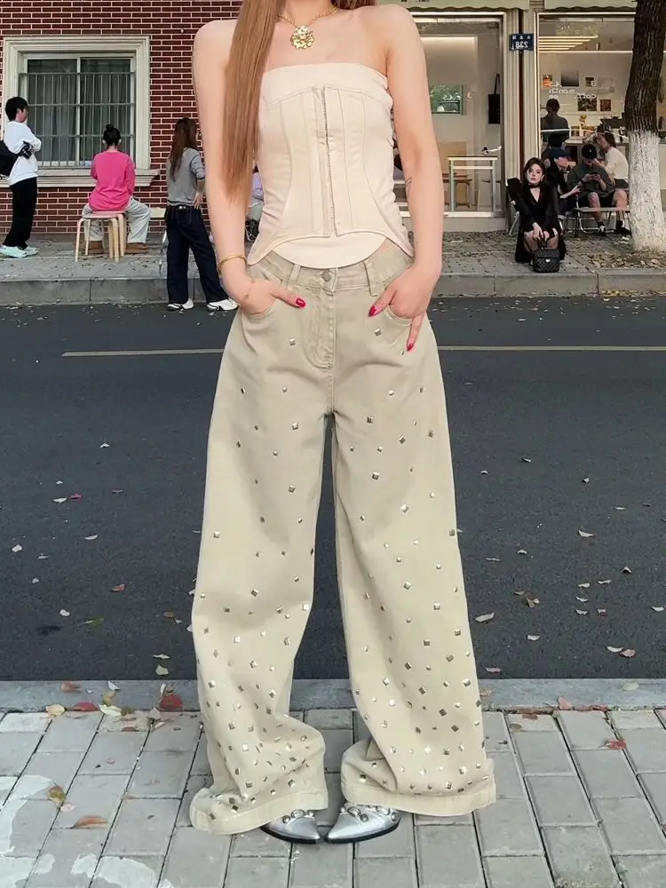 

Женские джинсы с заклепками, персонализированные джинсы, осенний стиль, широкие джинсовые брюки, женские уличные брюки с высокой талией в стиле ретро