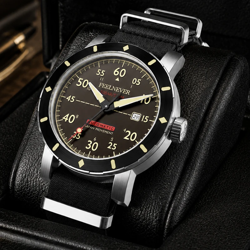 FEELNEVER Waterproof Automatic Watch For Men Sapphire Diver Watch Men Nylon Strap Sport Luminous Men's Mechanical Wristwatches view 6