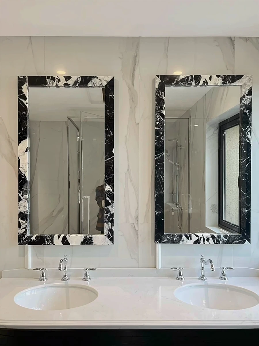 

Natural marble cosmetic mirror wall-mounted bathroom mirror washbasin toilet bathroom square black and white custom