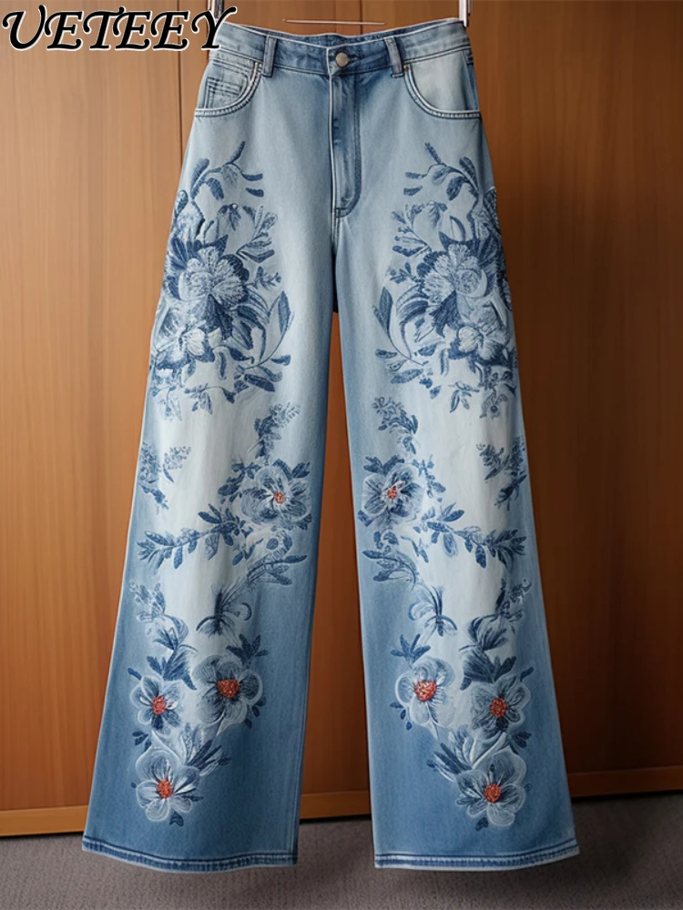 Blue Wide-Leg Trousers European Goods Vintage Embroidered Baggy Jeans for Women Autumn New Loose Straight-Leg Denim Pants