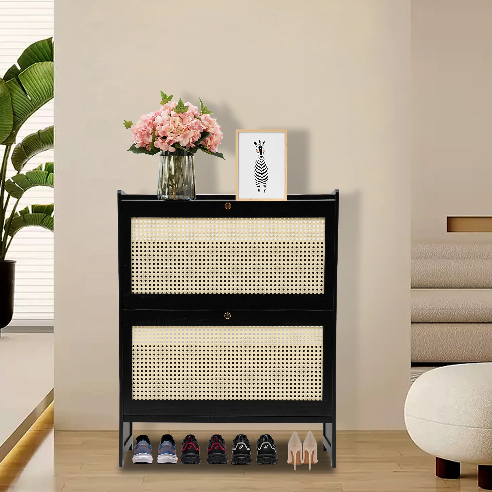 

Natural Rattan Shoe Cabinet - 4-Tier Free Standing Organizer, 27.5x9.4x34.2in, Black Bamboo, 16.5lbs/Tier, Flip Doors Ventilated