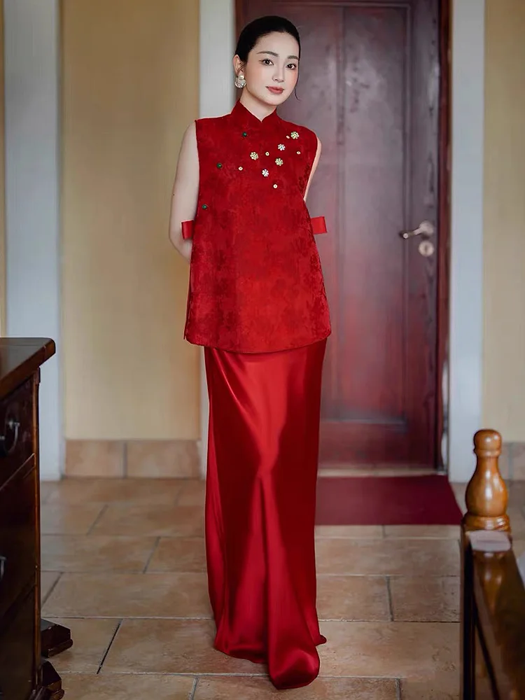 

Ele New Chinese Sle Wedding Dr Set Engagement Par Long Evening Gown Ele Zipper Sle Midi Skirt for Women