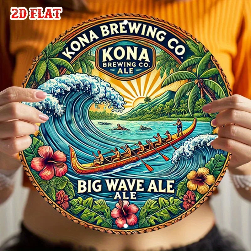 2D Flat Piece Round Sign, Design with Ocean WavesIdeal for Decorating Walls in Homes, Garages, Dining Areas, Or Cafes