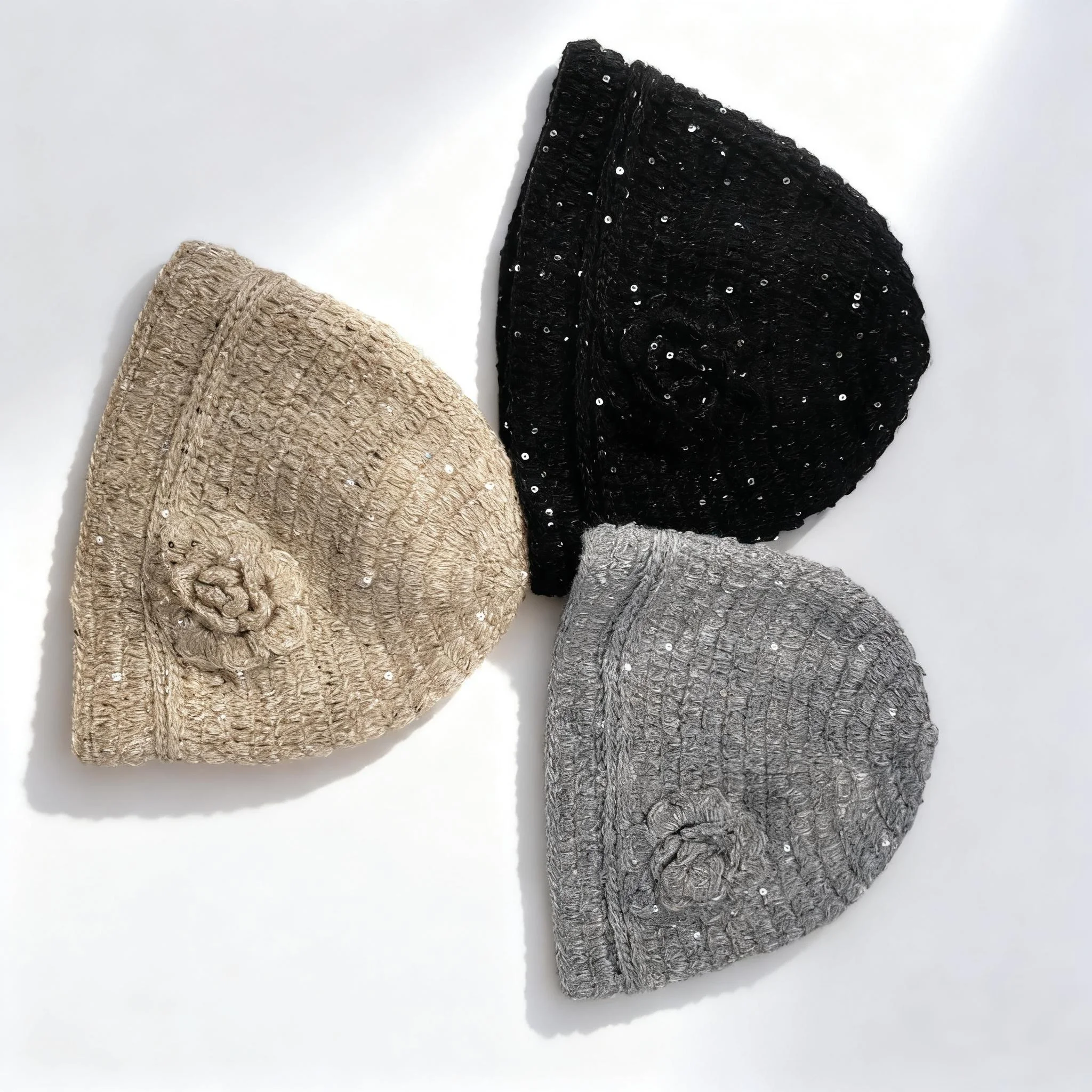 2025 New Handmade Crochet Winter Beanies Hat For Women Solid Best Matched Fashion Flower Sequin Skull Cap Skullies Bonnets Gift