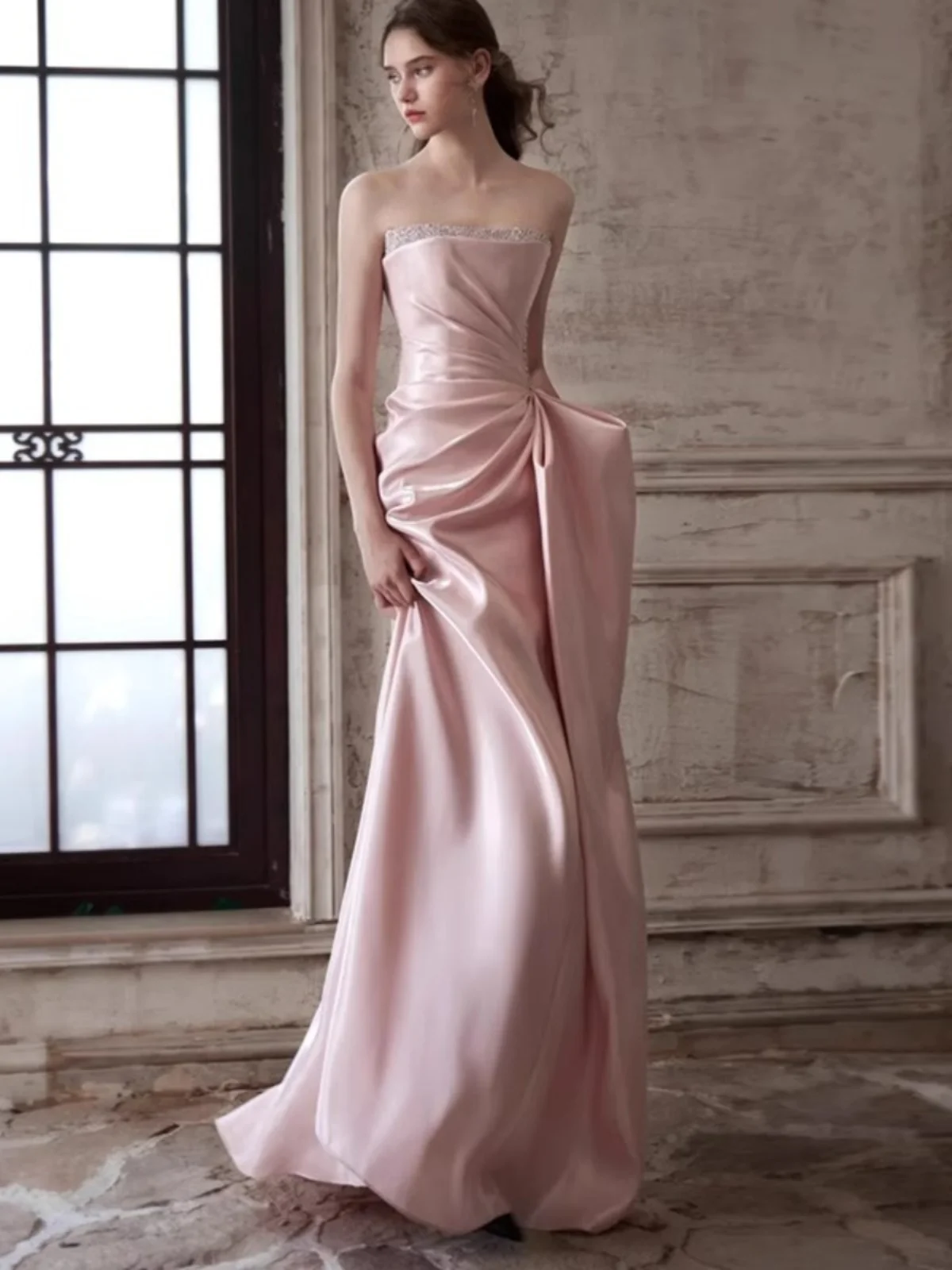 

Pink Evening Gown Women's High-End Sensation Student Day Adult Ceremony Art Exam Vocal Host Engagement Bride Morning Robe Toast