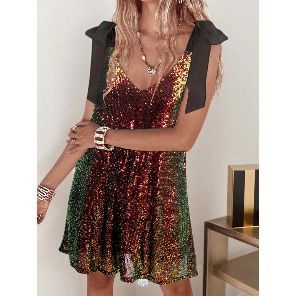 Sukienka cekinowa 2025 letnia koronkowa na ramiączkach bez pleców damska dekolt V kamizelka spódniczka perłowa krótka spódniczka