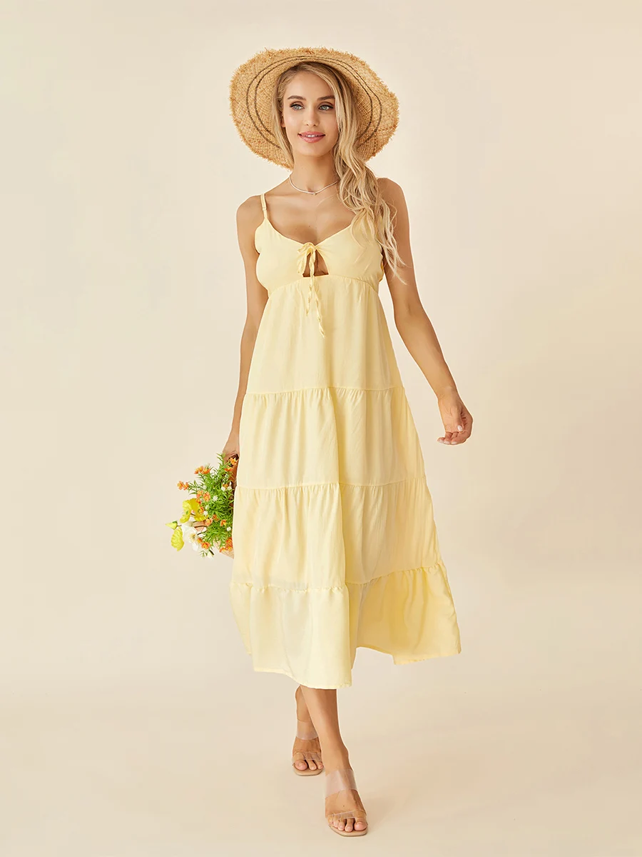 Women Summer Boho Long Dress Solid Color Low Cut Spaghetti Strap Backless Tie Up Cutout A-line Cami Dress for Beach Party Club