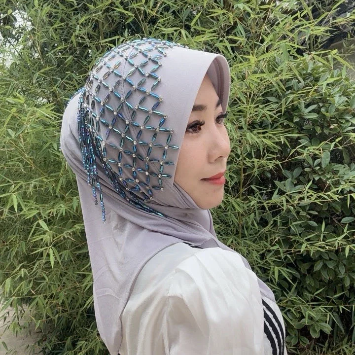 

Африканский платок для женщин с твердыми полями, легкий выдвижной этнический шарф, чехол на голову с бриллиантовой кисточкой, белые шляпы, мусульманский хиджаб с бисером, шляпа