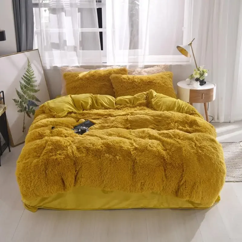 Faux Fur Comforter Bedding Set 21 Colors Coral Fleece Fitted Sheet Duvet Cover Bedcover Bedspread on Bed Sheet with Elastic Band