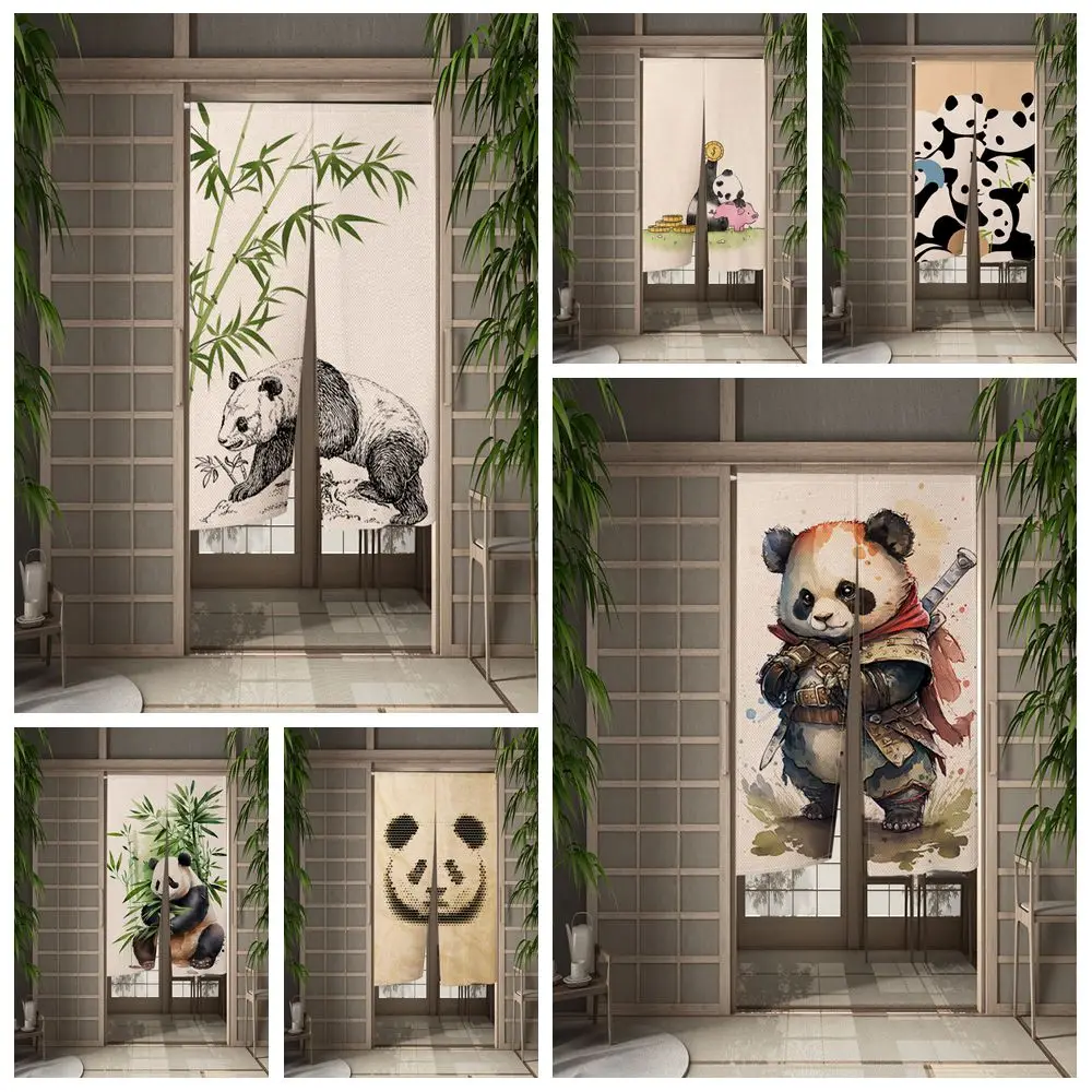 Cute Panda Japanese Door Curtain Traditional Bamboo Painting Linen Curtains Kitchen Bedroom Partition Decoration Half Curtain