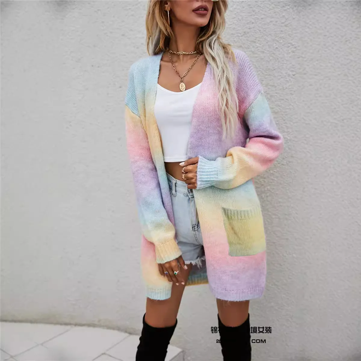 Rainbow Tie-dye V-neck Cardigan Knit Coat, Women's New Loose Long-sleeve Knit Sweater Coat with Pockets for Autumn and Winter