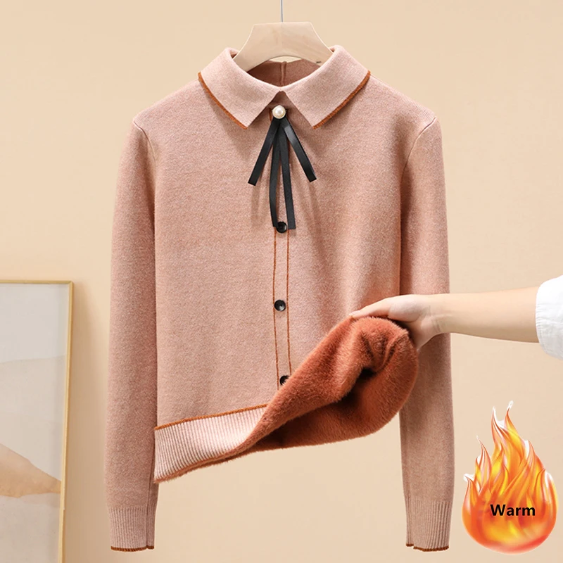 New Winter Thicken Polo Collar Knitted Sweaters Womens Plus Velvet Korean Sweet Casual Pullover Sueter Warm Slim Crochet Jumpers