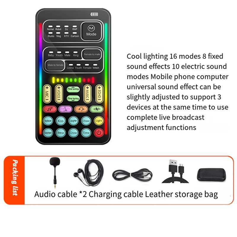 I9 Voice Changer Full Kit Multiple Audio Effect Bluetooth Live Sound Cards Ultra-Thin Portable Live Sound Card Mic Tool Durable