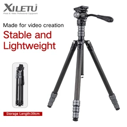 XILETU Portable Carbon Fiber Tripod Reverse Folding Design Hydraulic Head QR Plate 13lbs Load for DSLR Mirrorless Camera Phone