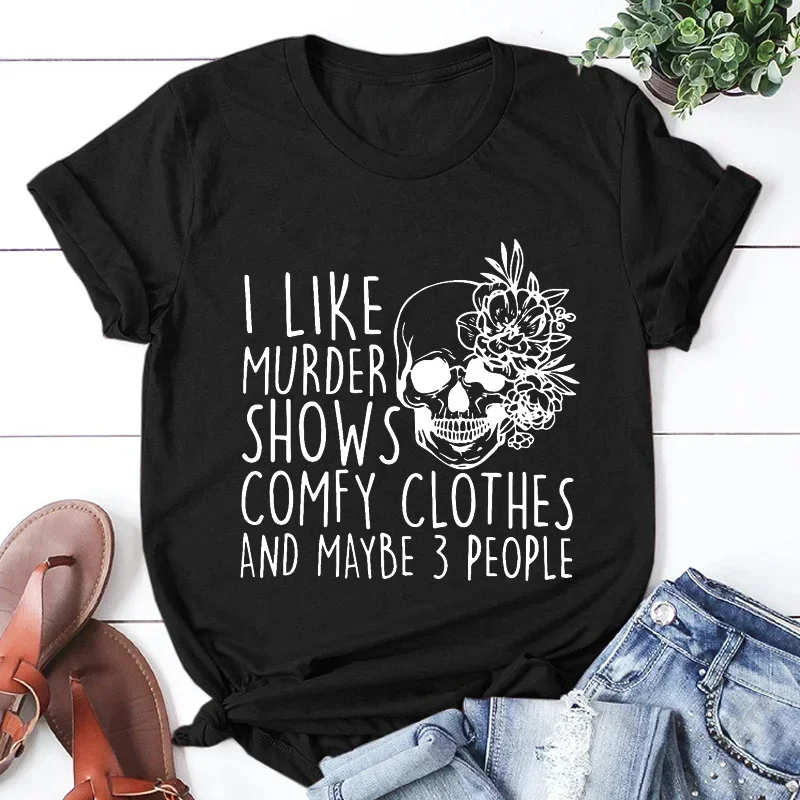 Damen-Neuheits-Shirt „I Like Murder Shows Friends“, Horror-T-Shirt, vielleicht 3-Personen-lustiges T-Shirt, Horror-Grafik-T-Shirts, lässige sportliche Tops