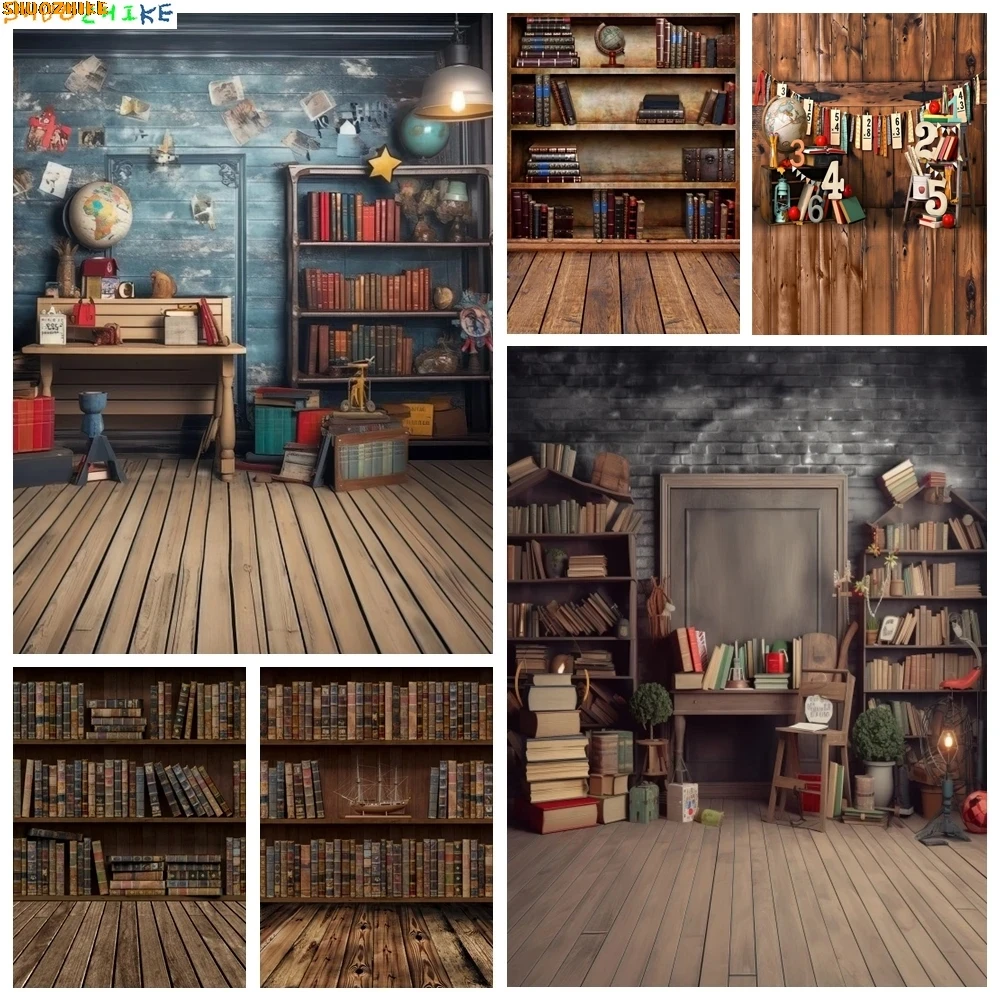

Vintage Bookshelf Backdrops Wood Library Bookcase Scene Children Back to School Party Decor Baby Portrait Photography Background