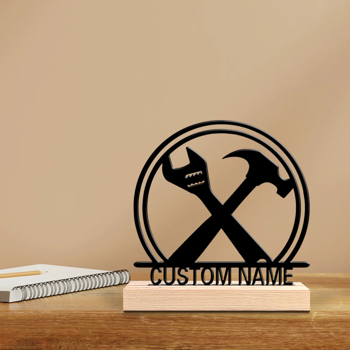 1pc New Design Personalized Custom Cross wrench hammer Metal Statues With Wooden Base Tabletop Artisan-themed desk decor, perfec