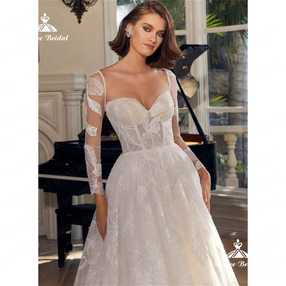 Roycebridal Свадебное платье трапециевидной формы с V-образным вырезом, 2025, кружевное свадебное платье с длинными рукавами и шлейфом, индивидуальное платье для свадебного платья для rota