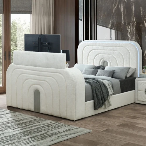 

# King Adjustable Bed With LED TV Cabinet Bluetooth Fireplace-Teddy Sherpa & Chrome White Modern Bedroom Set