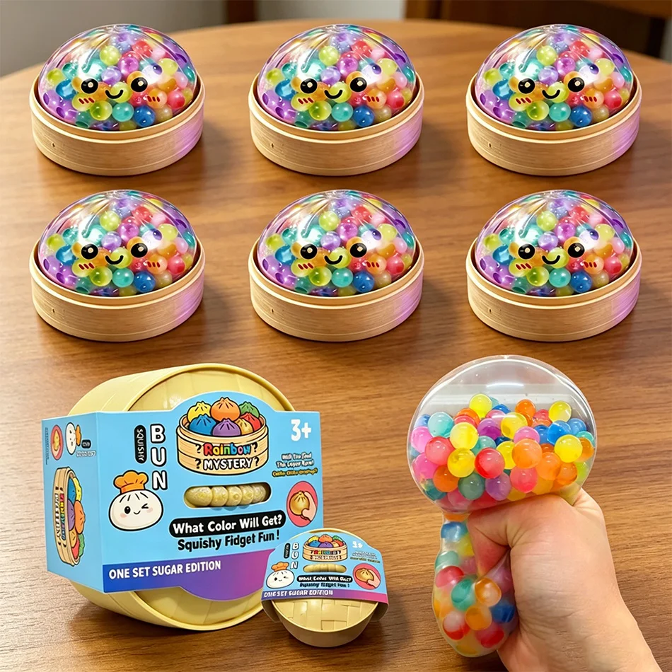 Regenbogen-Perlen-Dumpling Squishy Fidget-Spielzeug Buntes Stressabbau-Sensorik-Quetschspielzeug mit Bambus-Dampfgarer-Etui