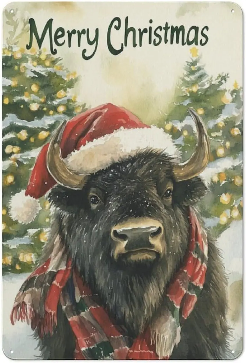 Merry Christmas Tin Metal Signs Bison in Red And Black Scarf Wearing A Santa Hat Wall Art Decorations for Bar Pub Club Cafe Room