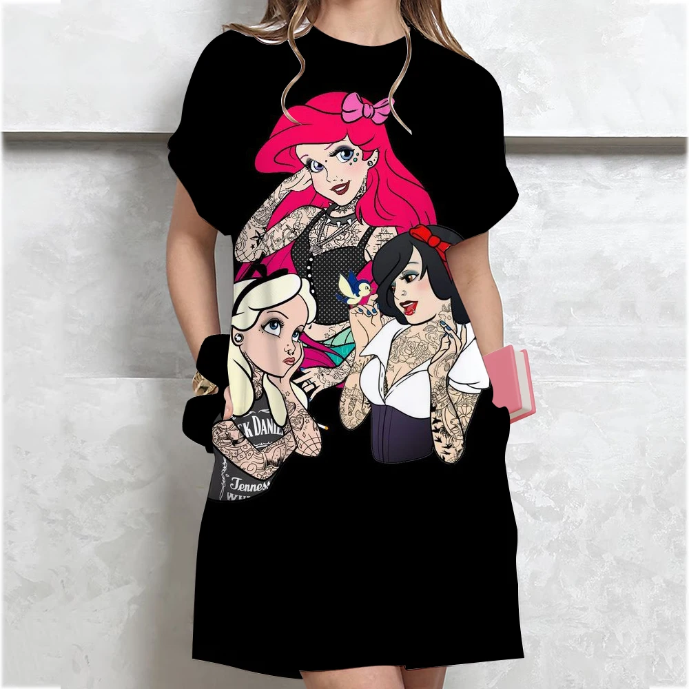 2025 Disney Princess Women's T-shirt Dress Loose Casual Printed O-neck Women's Short sleeved Hoodie Women's Clothing
