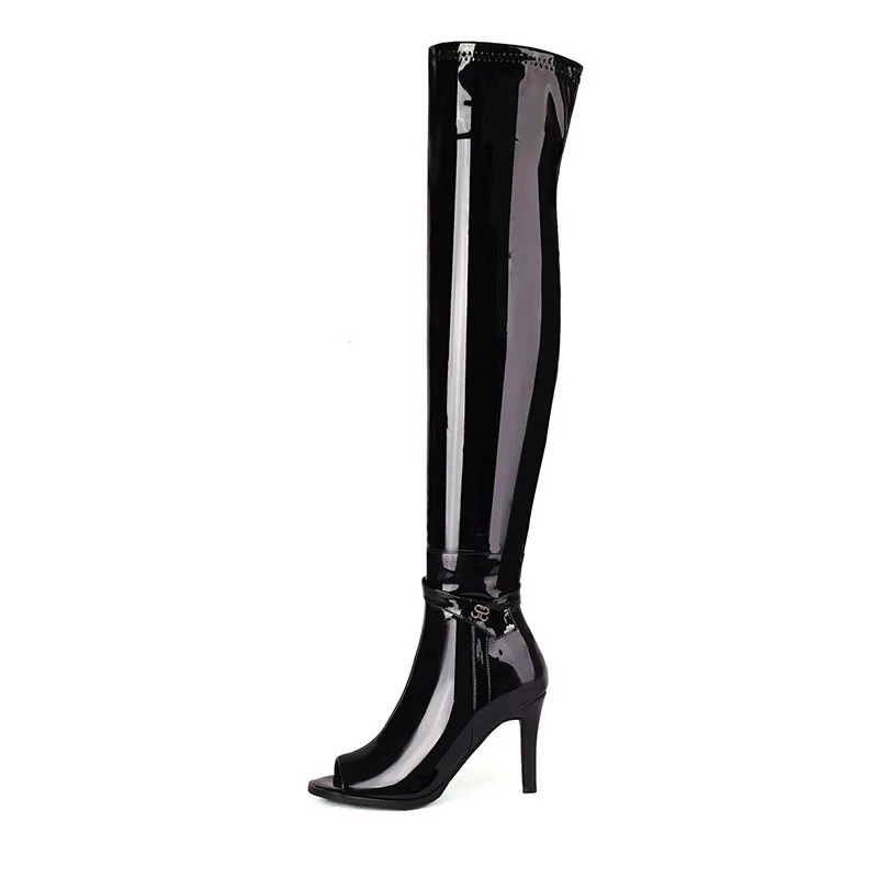 Arden Furtado Summer Over the knee boots Patent Leather Round toe peep toe Stilettos heels Sexy Side zipper Ladies Cool boots