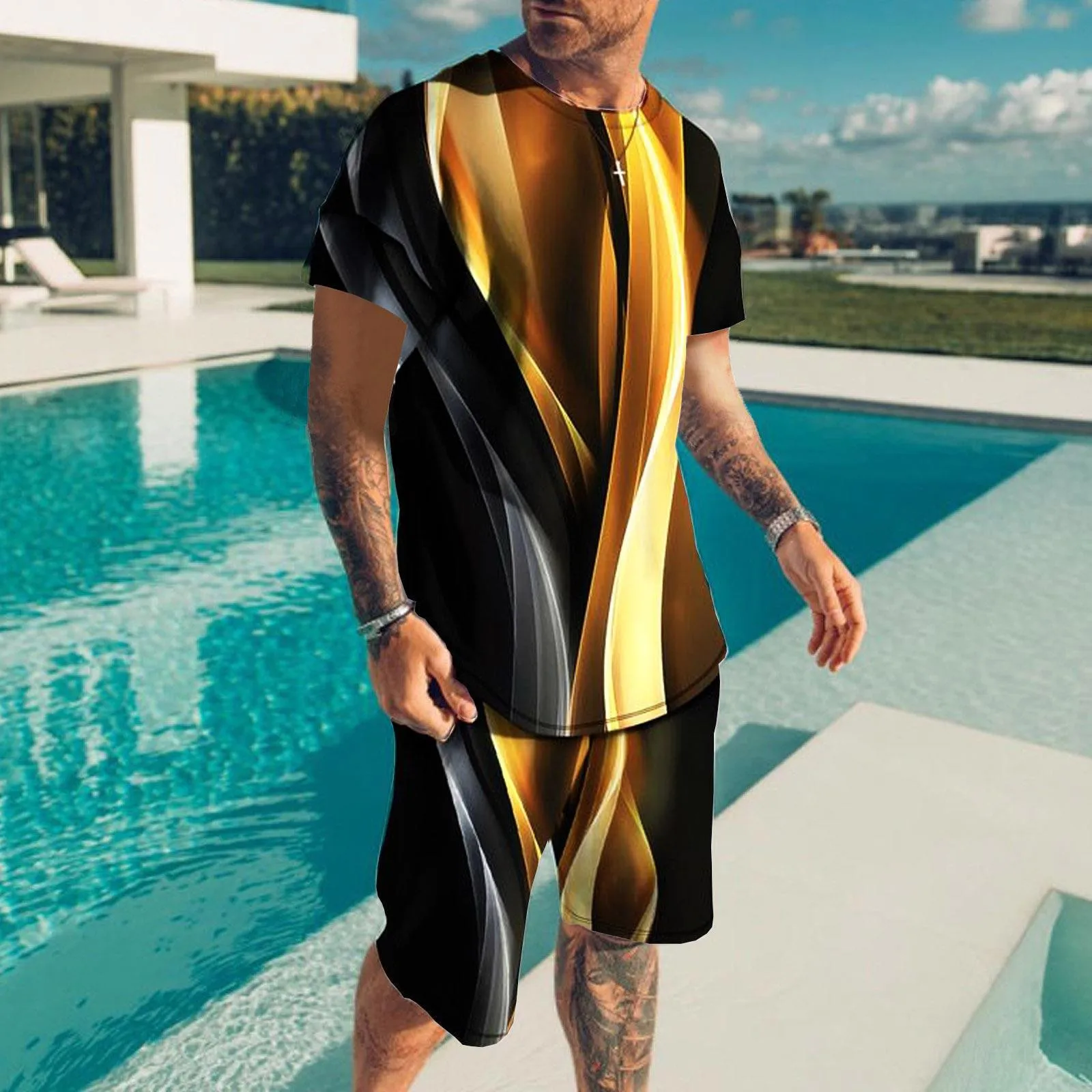 

Мужской комплект из 2 предметов, хипстерская Футболка с принтом в стиле пэчворк и шорты, спортивный костюм, костюм, пальто для мужчин