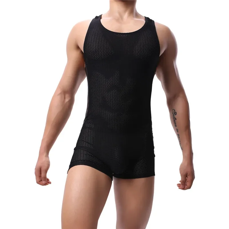 Men\'s Athletic Bodysuit Slim Fit Wrestling Singlet Leotard Mesh Breathable Sport Jumpsuit One-piece Body Shaper Mens Undershirts