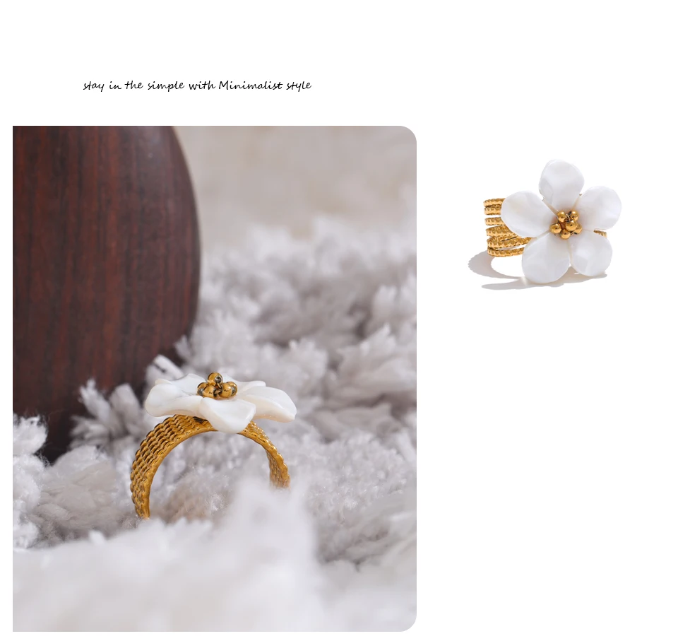 Yhpup Thicker Natural Shell Flower Open Gold Color Ring Fashion Stainless Steel Stylish Exquisite Waterproof Finger Jewelry