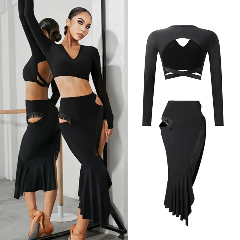 

Sexy Black Latin Dance Dress Women Tops Fringe Skirt Adult Latin Competition Clothing Rumba Dress Salsa Dance Costume DNV16976