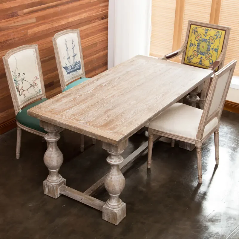 European round solid wood dining table American country retro old log simple pine rectangular table and chairs combination