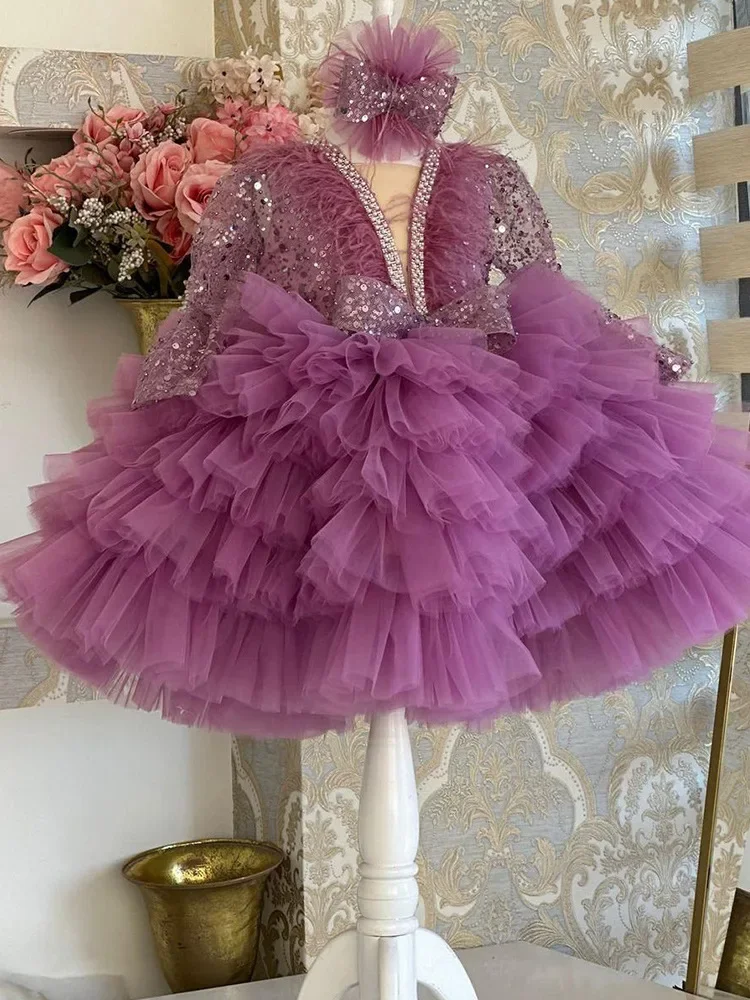 

Teens Girl wedding Princess Long sleeved sequins Feather Beauty Pageant Dress V-neck bow Christmas Party children's Dresses