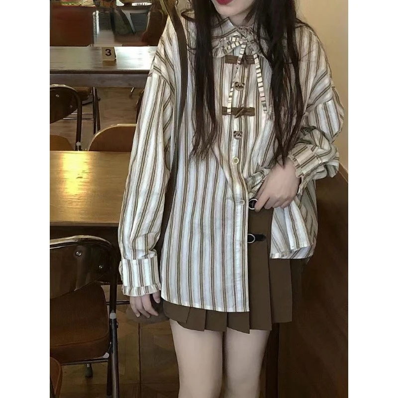 QWEEK Vintage Striped Overszied Shirt Kawaii Harajuku Women Blouse Japanese Fashion Lonf Sleeve Cute Top Preppy Chic Spring 2024