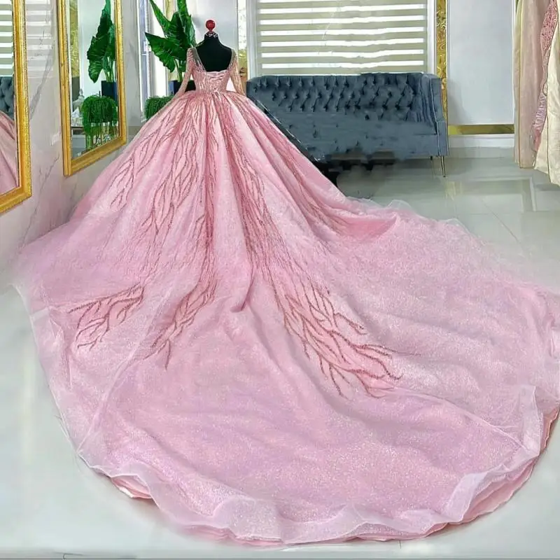 Vestidos De Quinceañera rosa De lujo para niñas dulces, cuentas De lentejuelas, fiesta De cumpleaños, Vestidos De noche, 15 Quinceañera