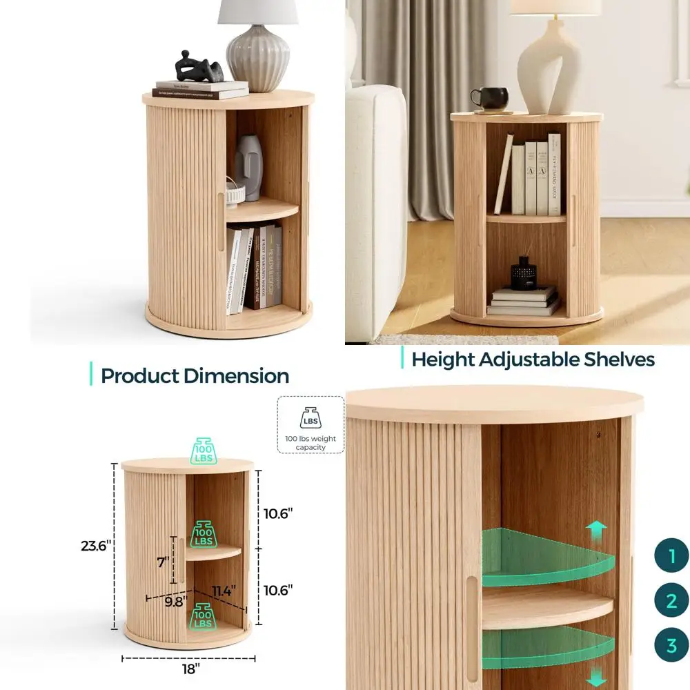 fluted design round end table, sliding door tall side table with storage shelf, contemporary bedside table, mid-century modern n