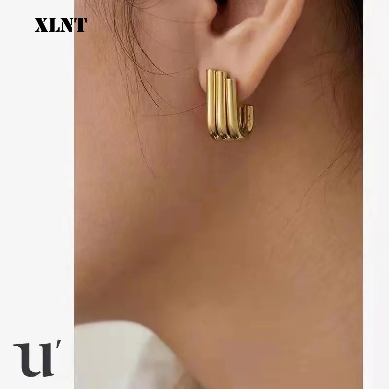 XLNT Newest Gold Color Fashion Stainless Steel Jewelry Simple Hoop Earrings Personality Bijoux En Acier Inoxydable Femme