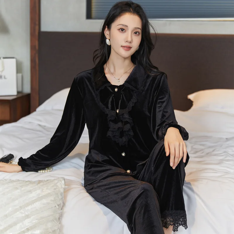 Pink Velvet Women\'s Pajama Sleepwear Autumn Winter New Trouser Suits Pyjama Pour Femme Elegant Loose Velour Home Wear Loungewear