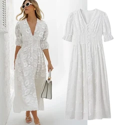 Jenny&Dave French Minimalist Short Sleeve Elegant Lace Maxi Dress Vestidos Embroidered White Single Breasted Dress Women