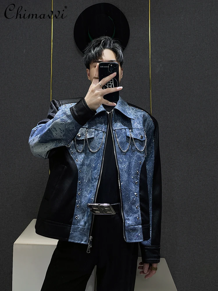 

Autumn New Fashion Chain Splicing Denim Jacket Men's Heavy Industry Hot Diamond Long Sleeve Handsome Shoulder Pads Short Coat