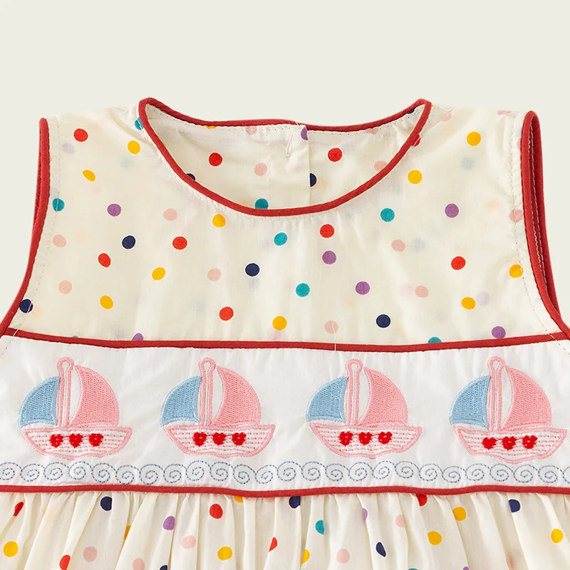 Rainbow Polka Dot Sailboat Embroidered Girls' Dress2025Summer New Sleeveless Sweet Baby Dress