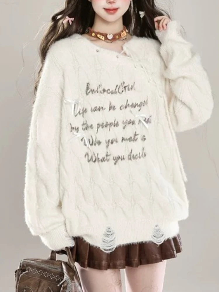 

Sweet Trendy Letter Jacquard Knit Sweater Women Round Neck Long Sleeve Pullover with Bow Design Distressed Hem Autumn Winter Top