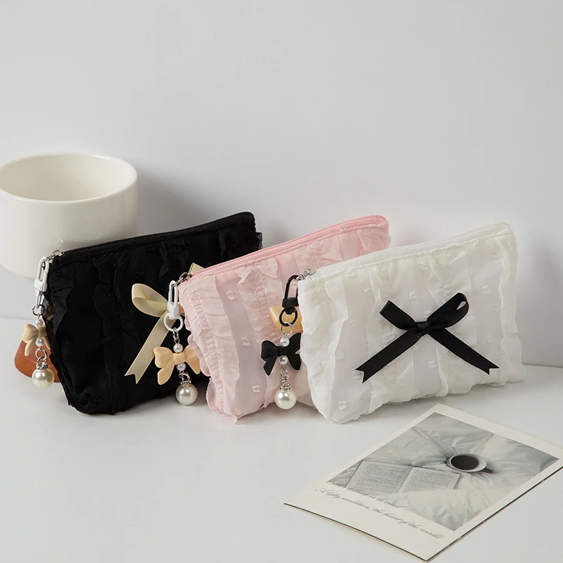 

Корейская мини-сумка с кружевным бантом, милый портативный кошелек для монет и косметичка для женщин, кавайное хранилище косметики на молнии