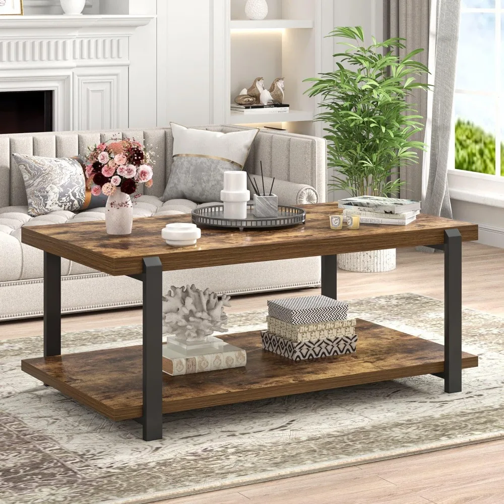 Modern Coffee Table, Rustic Wood Center Table with Storage for Living Room, Industrial Rectangle 2 Tier Low Cocktail Tea Table,
