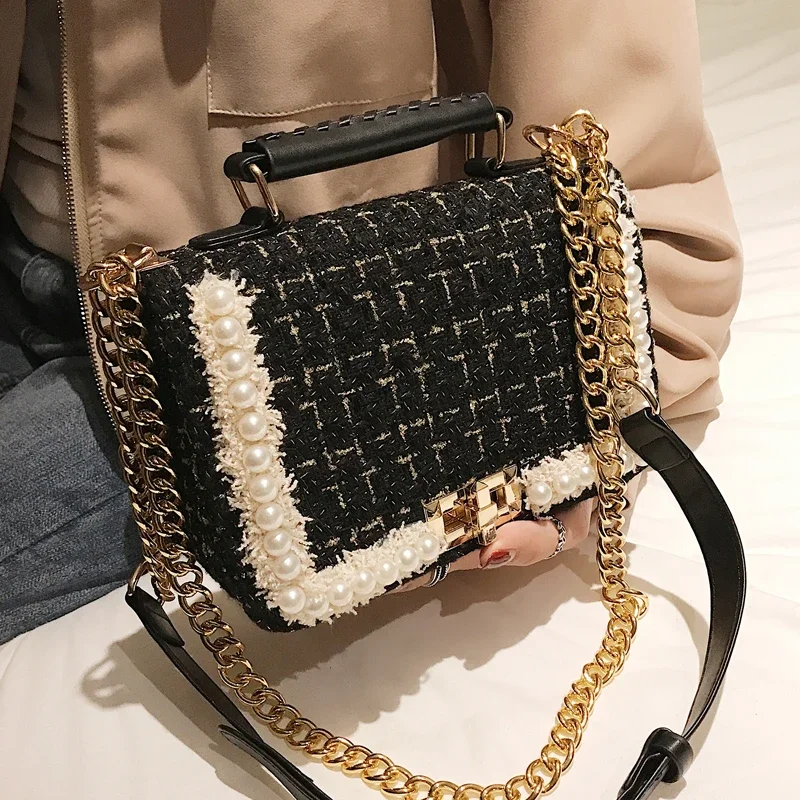 2021 Fashion New Female Square Tote Bag Quality Woolen Pearl Women\'s Designer Handbag Ladies Chain Shoulder Crossbody Bag Travel