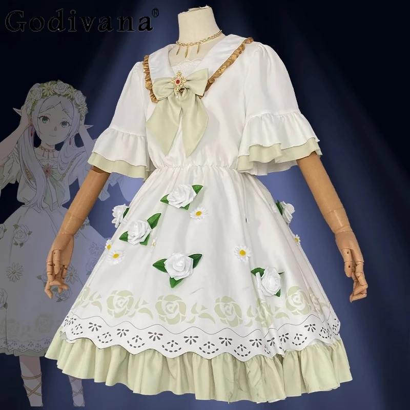 여름 게임 애니메이션 러블리 드레스 여성 할로윈 크리스마스 역할 놀이 드레스 여성 보우 칼라 꽃 달콤한 짧은 드레스