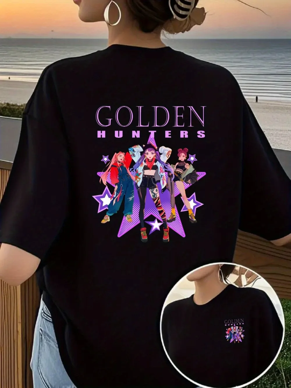 

Женская футболка с рисунком аниме «Золотые охотники», двусторонний принт, персонажи «Золотой охотник», дизайн сзади, повседневная футболка с коротким рукавом
