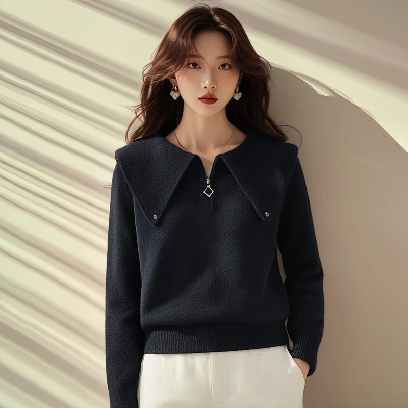 

Women's Navy Collar Zipper Long Sve Knitted Sweater Warm Versatile Hoodie Top for Autumn Winter Thiened Color