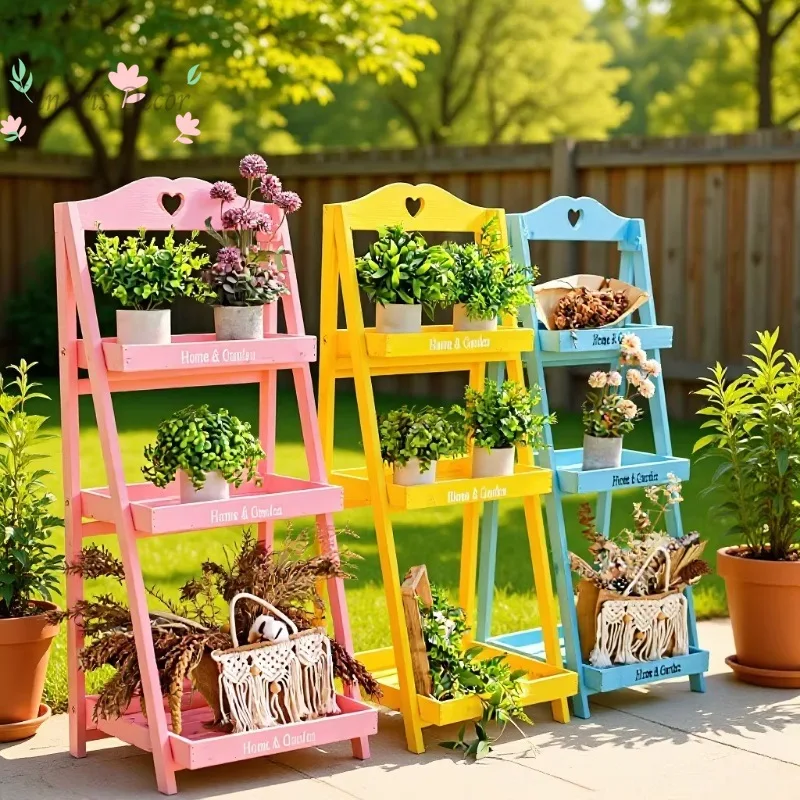 American rural retro solid wood multi-layer folding small flower stand balcony floor trapezoidal plant shelf wooden