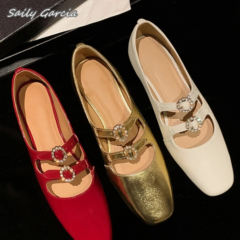 Genuine Leather Crystal One Word Belt Ballet Shoes 2024 Spring New Glossy All-Match Flats Round Toe Shallow Casual Party Shoes